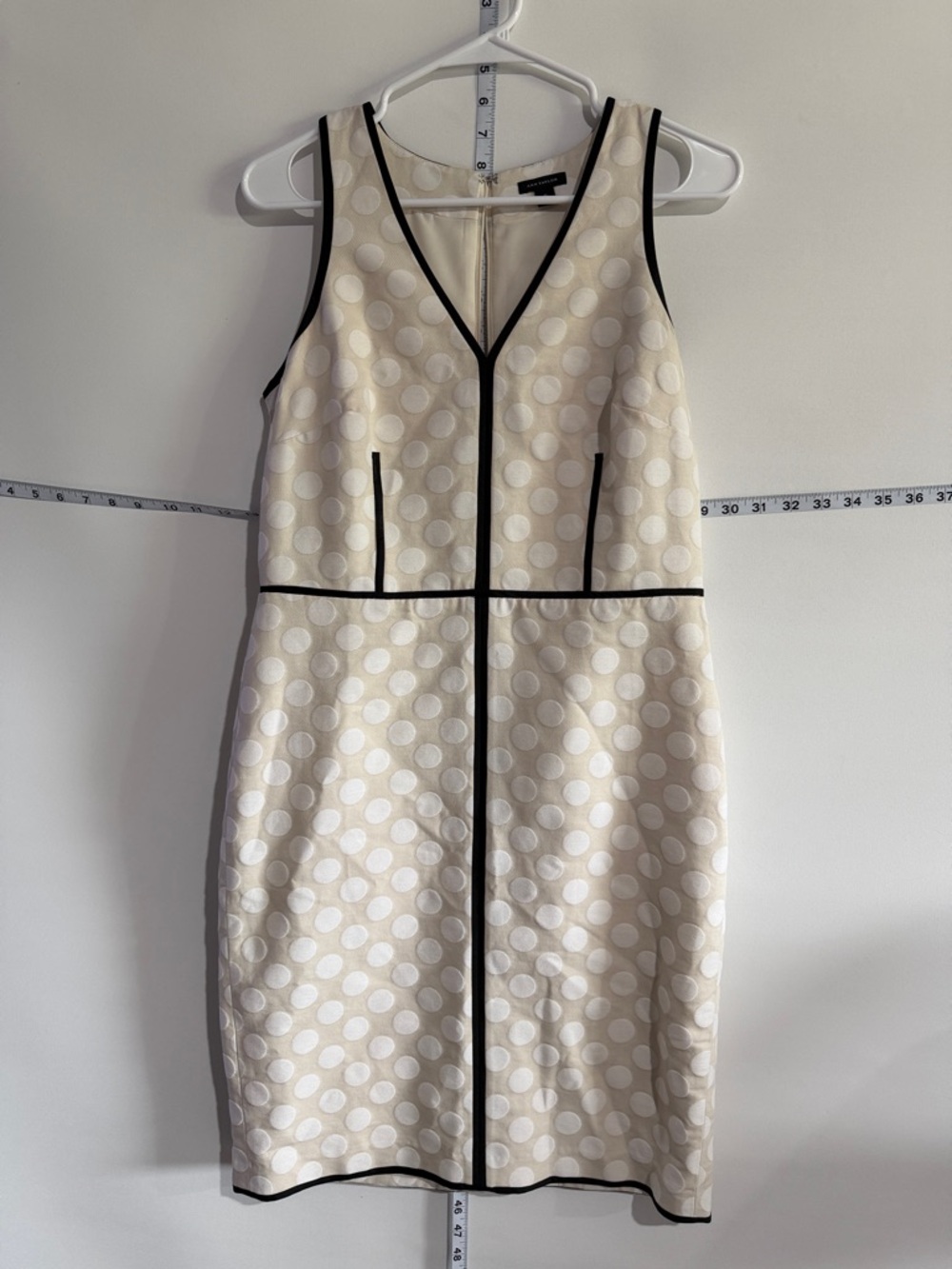 Ann Taylor Cream Polka Dot Midi Sheath Dress with Black Trim